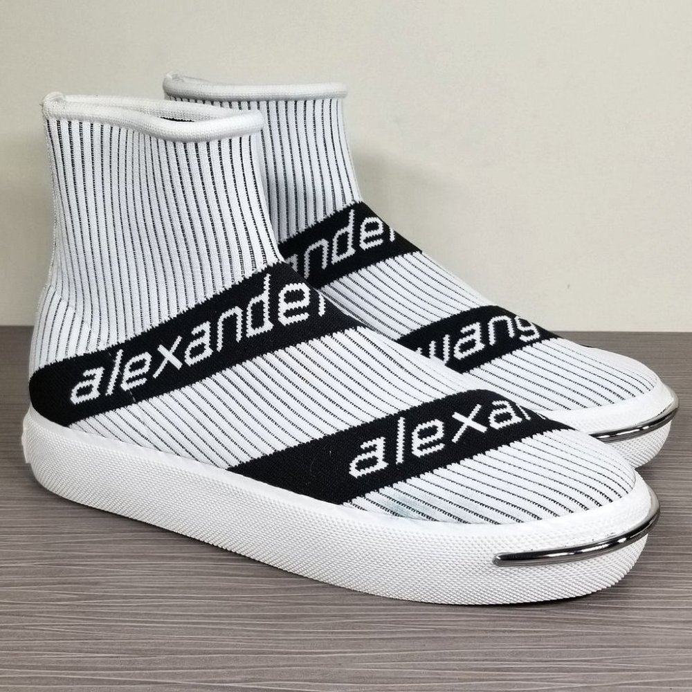Alexander Wang Pia Logo Sock Sneaker, White & Black Textile, Womens Size 8 / 38
